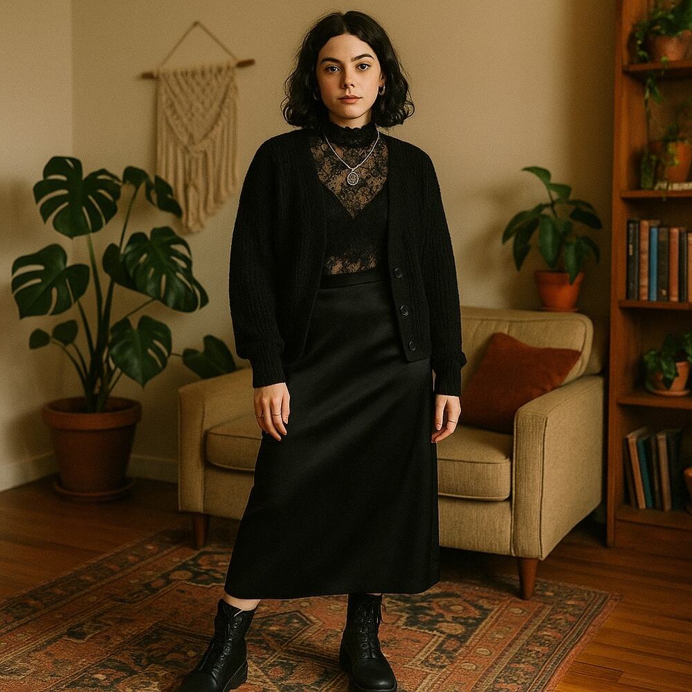 Vintage Black Satin Midi Skirt High Waist Lined Side Slit Women’s XS